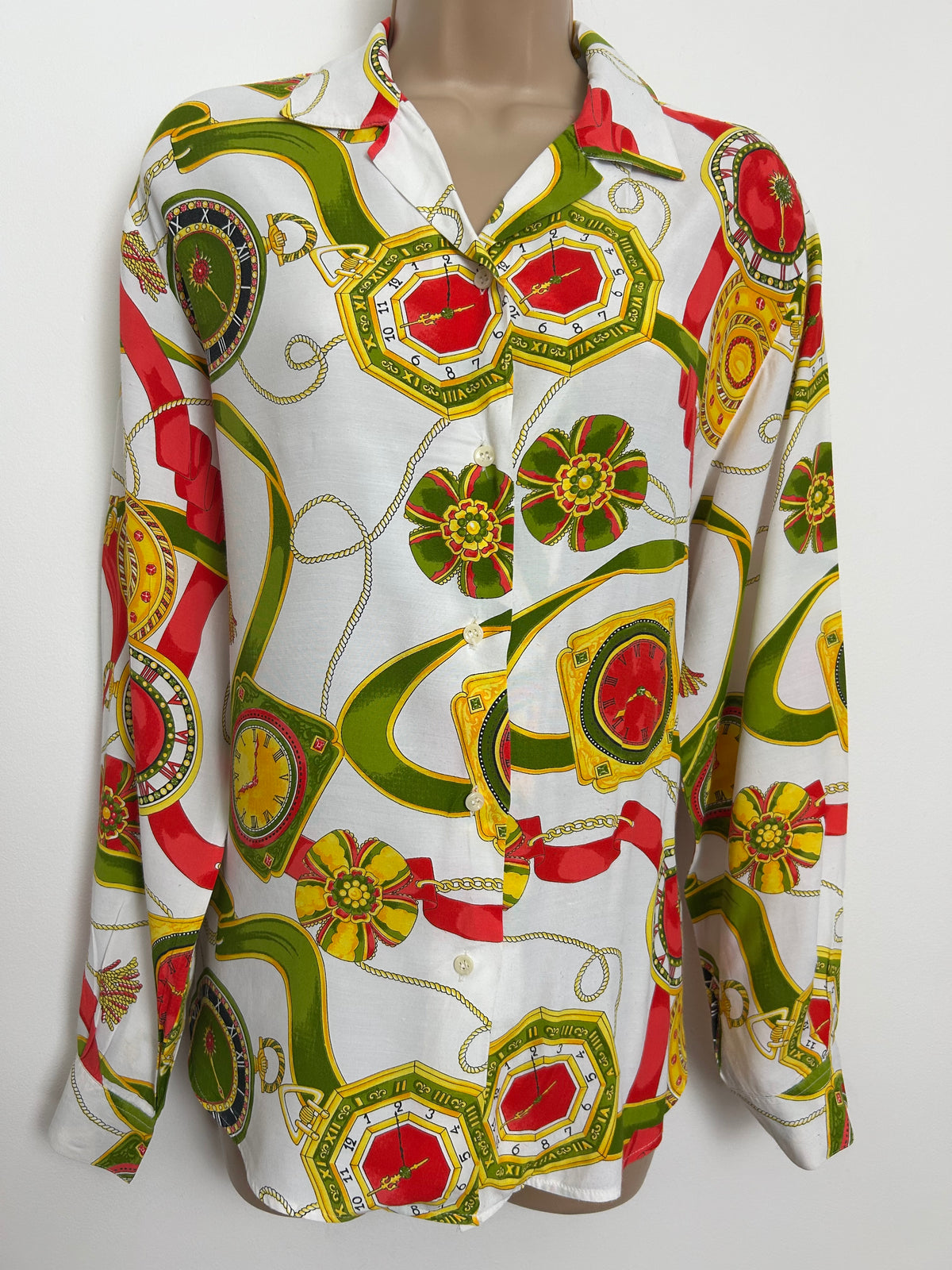 Vintage 1990s Size 14-16 White Red Green & Gold Baroque Clock Print Long Sleeve Shirt