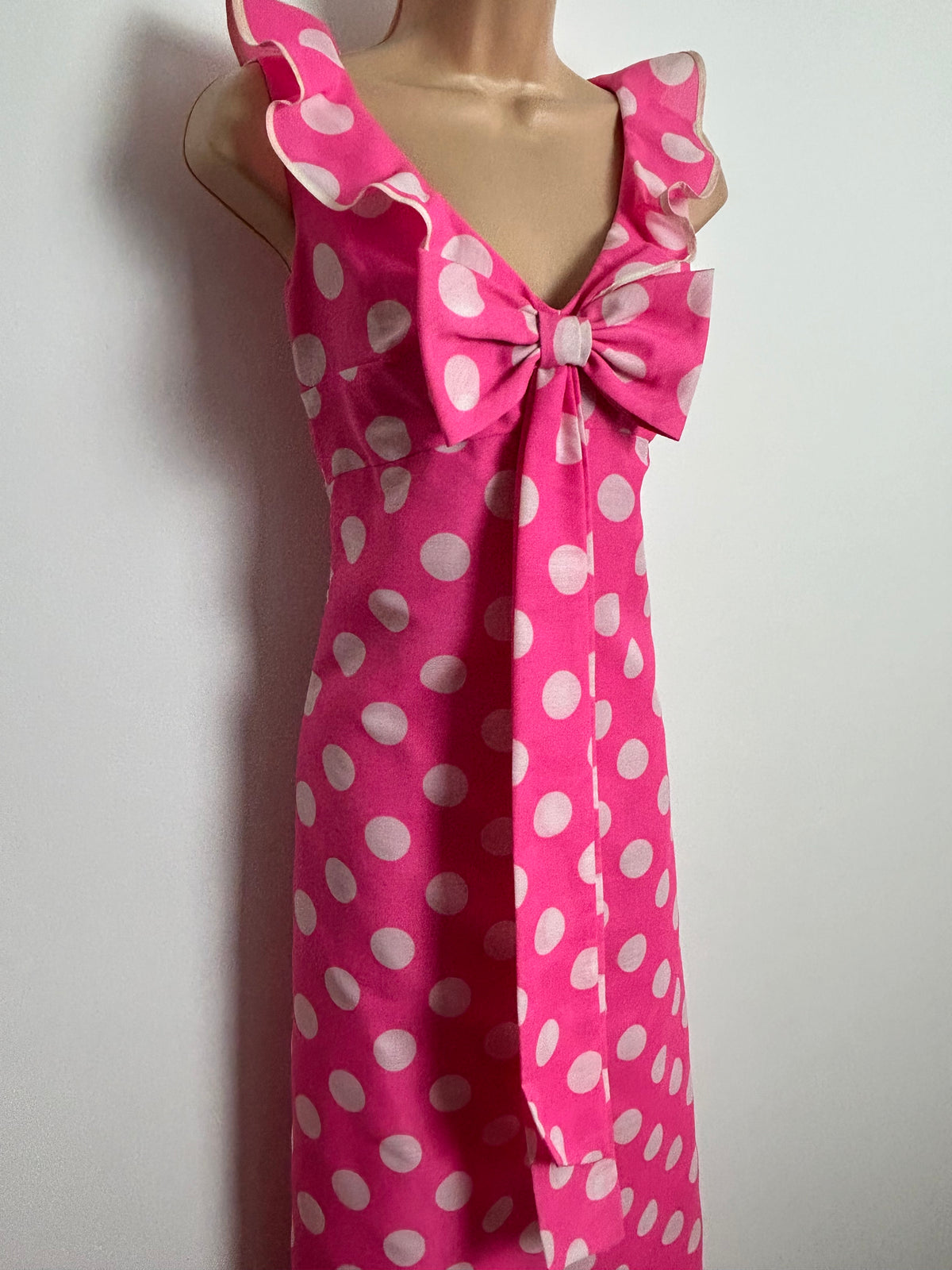 Vintage Early 1970s Size 8 Candy Pink & White Spot Print Ruffle & Bow Detail Sleeveless Maxi Dress