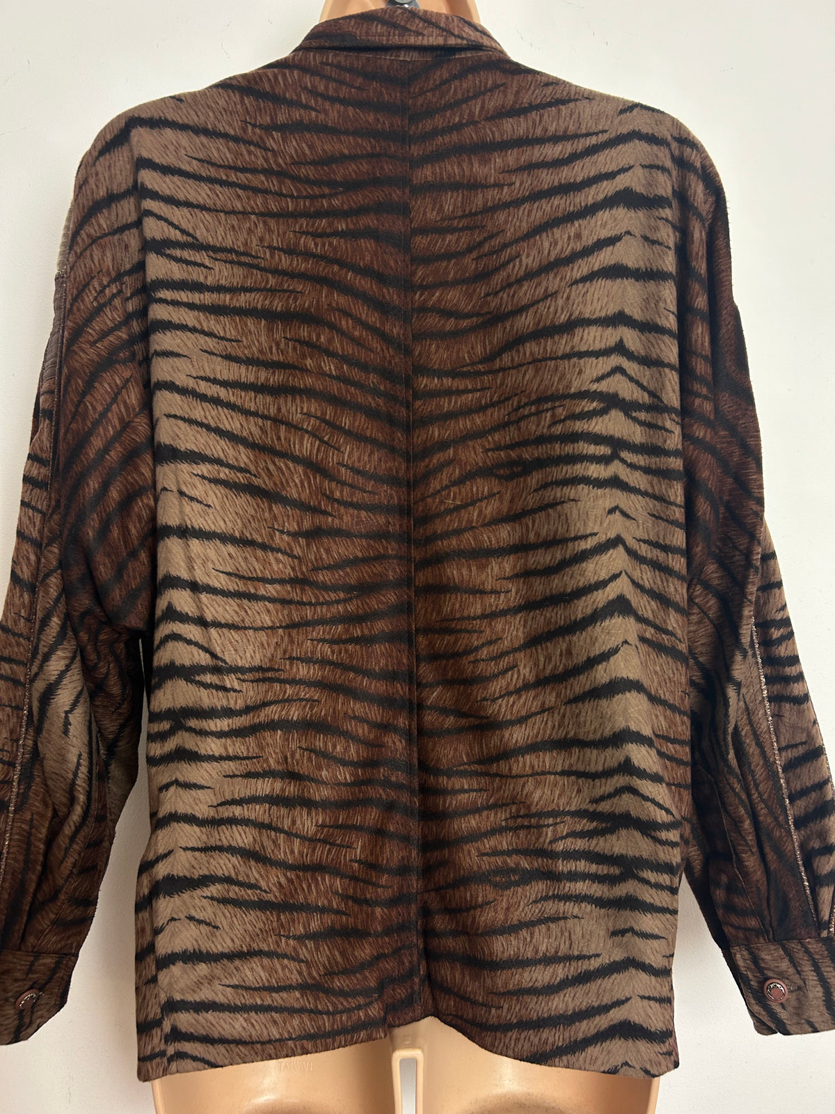 Vintage 1980s Size 12-14 Brown & Black Tiger Stripe Animal Print Braid & Applique Bomber Style Jacket