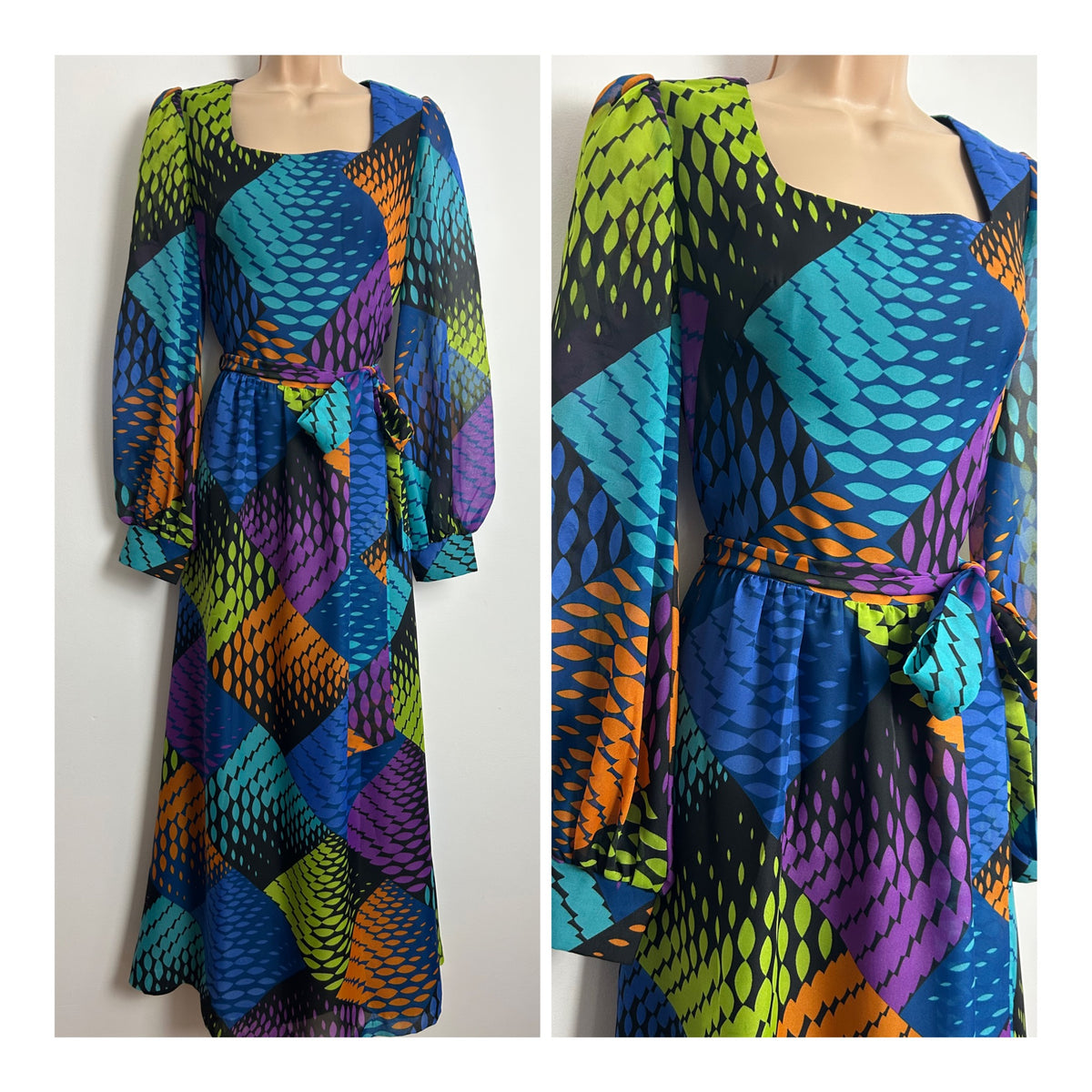 Vintage 1970s Size 8 Blue Purple Orange & Green Abstract Print Long Sleeve Belted Maxi Dress
