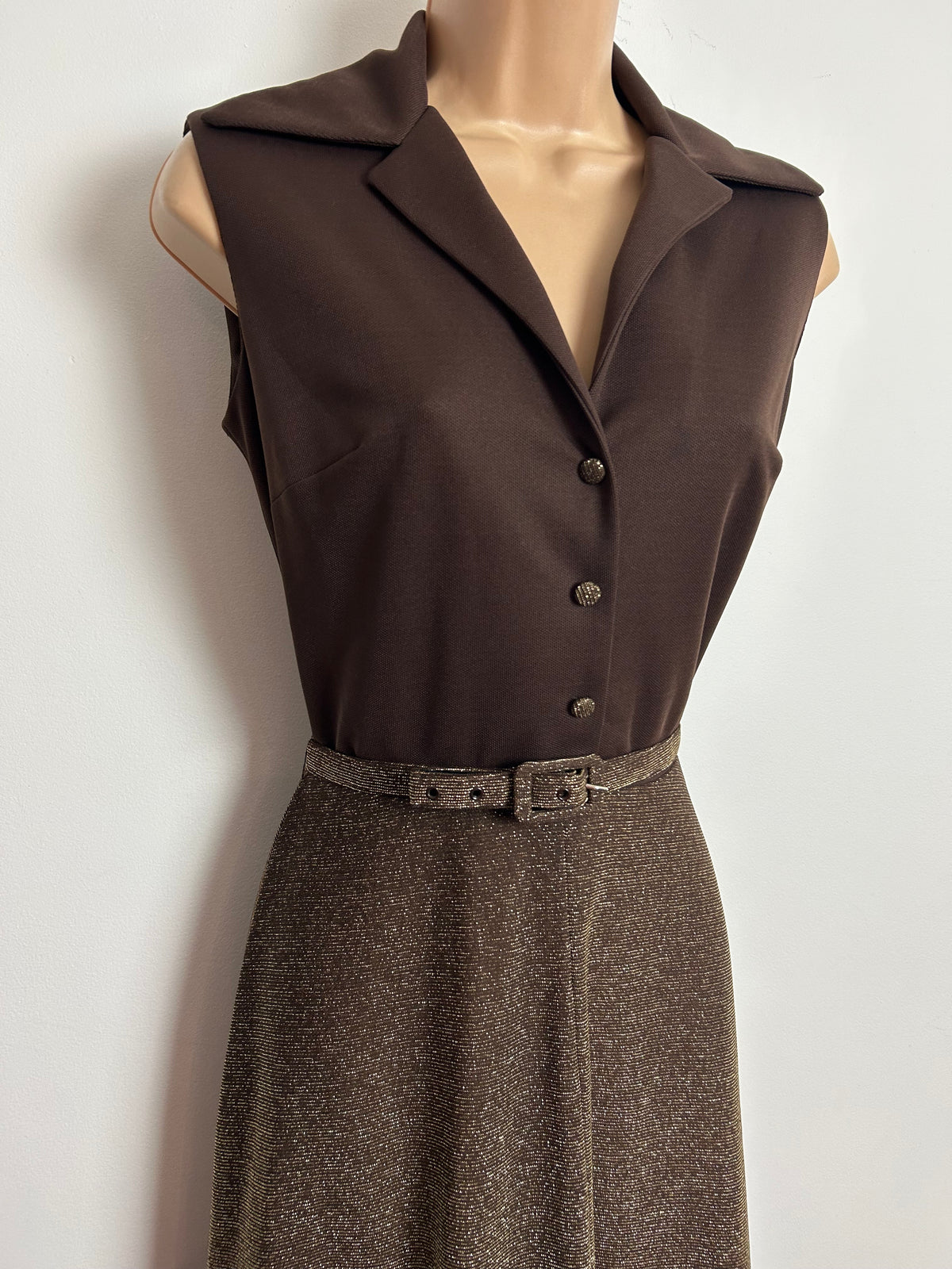 Vintage 1970s KITTY COPELAND Size 8 Brown Lurex Sleeveless Belted Occasion Maxi Dress