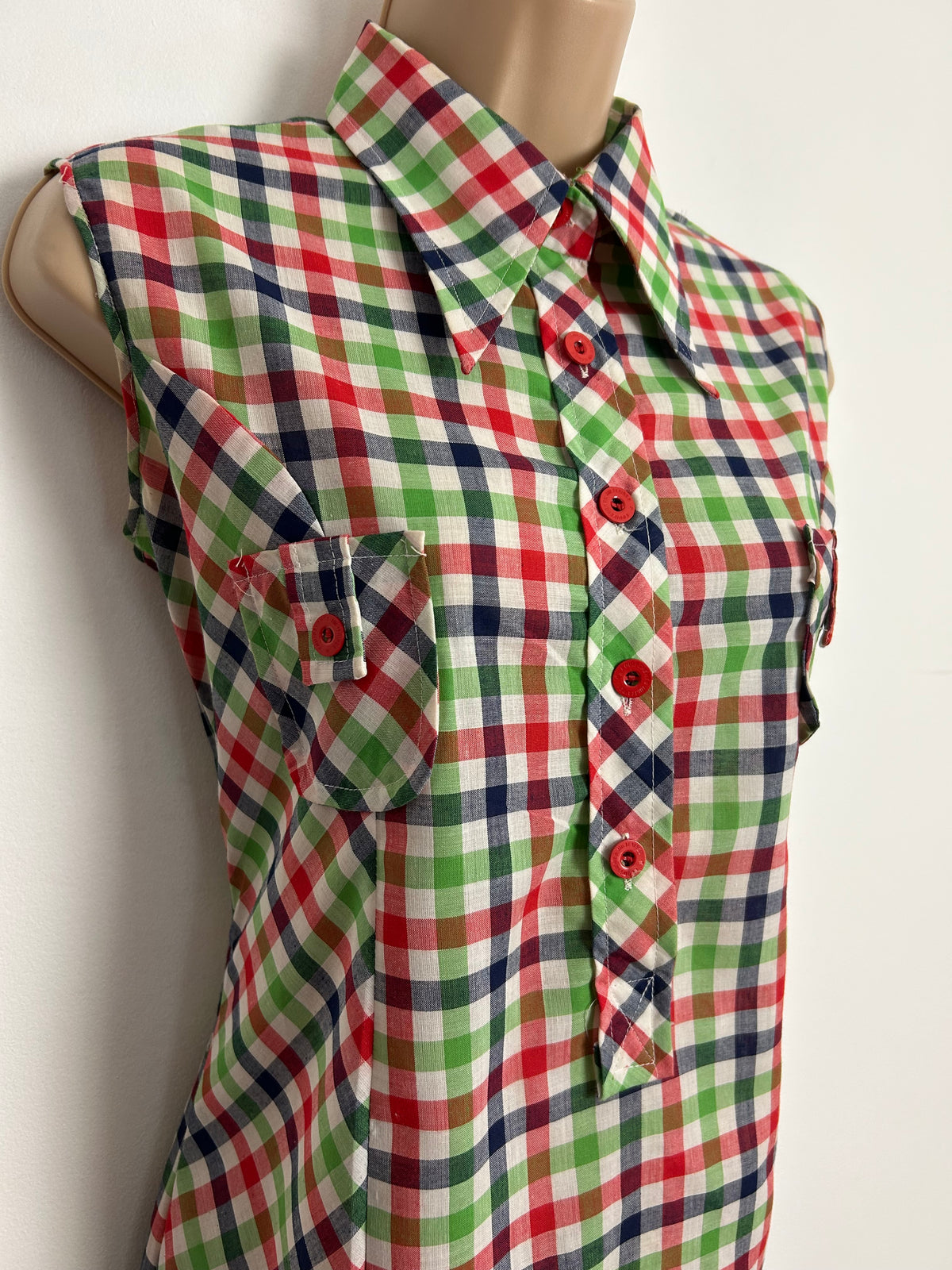 Vintage 1970s Size 12 White Green Red & Blue Check Print Cotton Mix Sleeveless Mod Shift Dress
