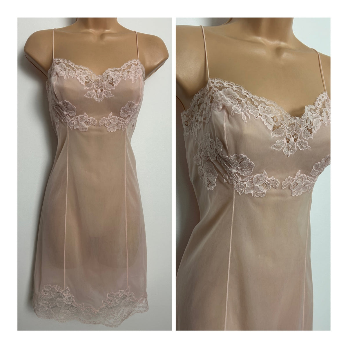 Vintage 1970s Size 10 Pretty Nude Pink Lace Detail Chemise Slip