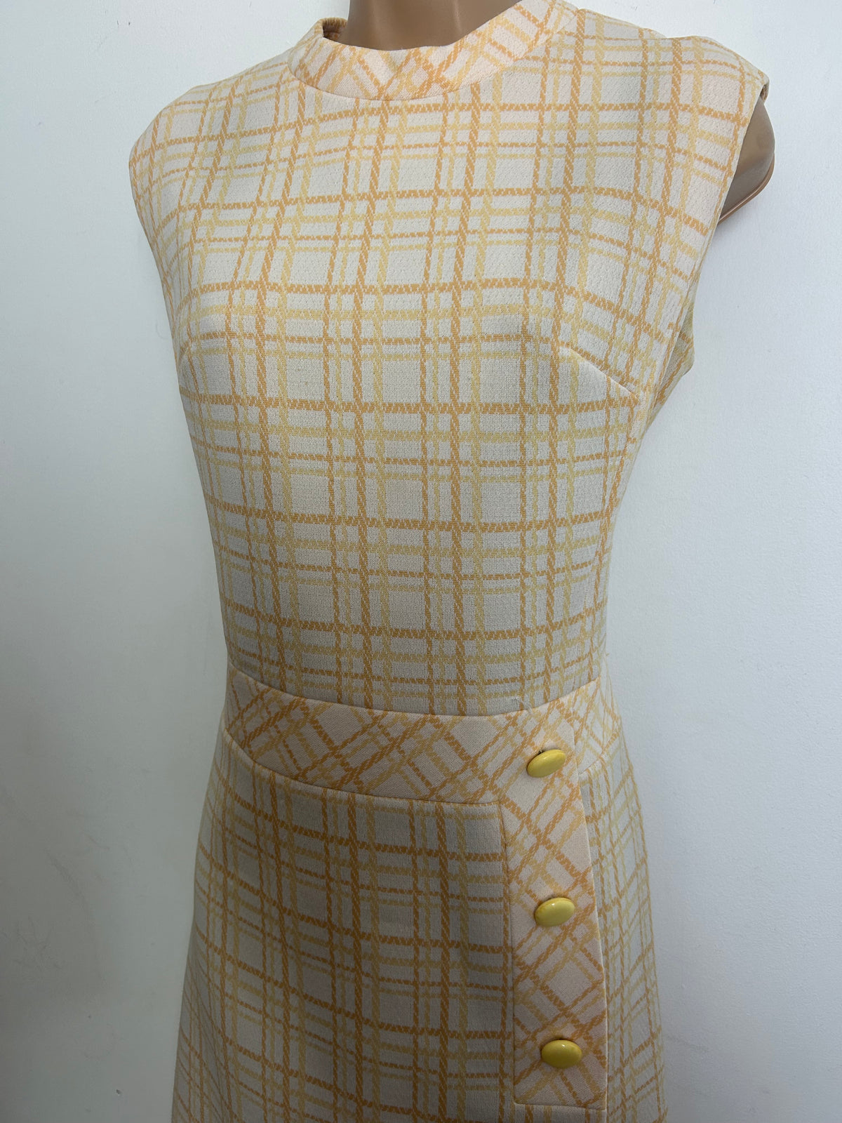 Vintage 1960s Size 12 Cream & Pale Mustard Tones Check Print Mod Dress