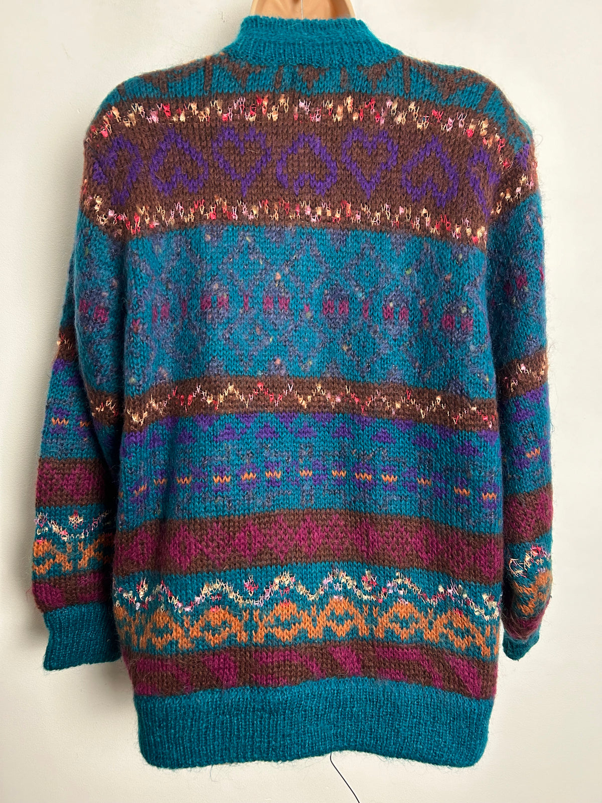 Vintage 1980s Size Large Teal Pattern Mohair & Wool Mix Cardigan