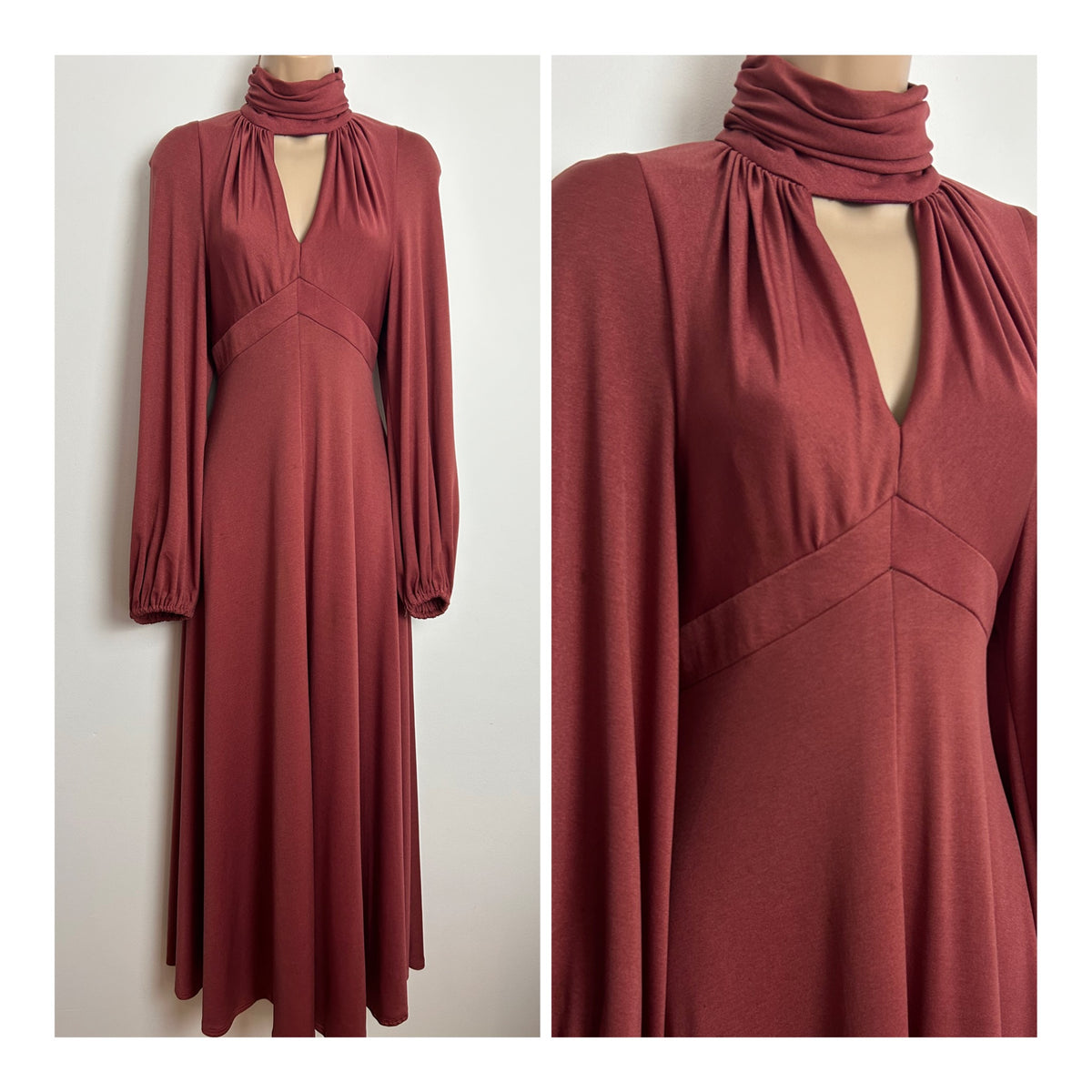 Vintage 1970s JOHN MARKS BY ANNE TYRELL Size 6-8 Dusky Pink Keyhole Long Sleeve Maxi Dress