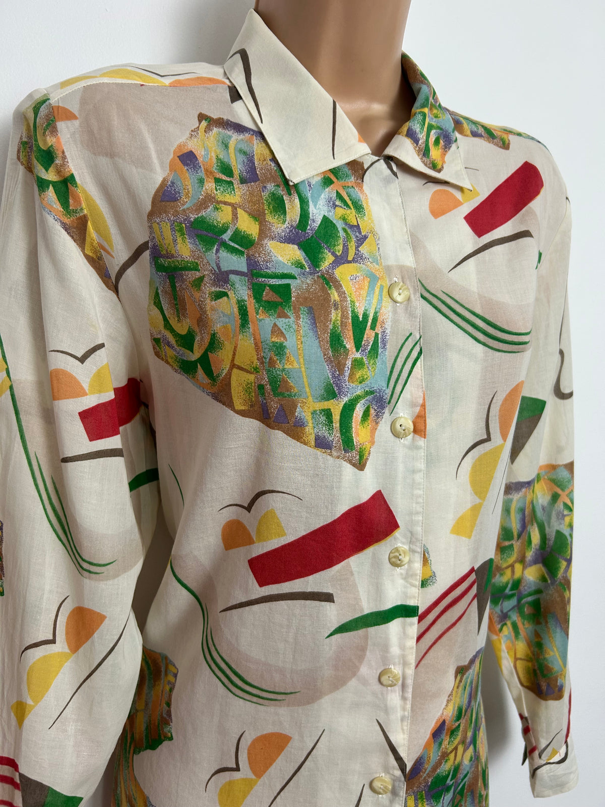 Japanese Vintage Early 1980s Size 14 Cream Red Green Yellow Abstract Print Cotton Long Sleeve Shirt