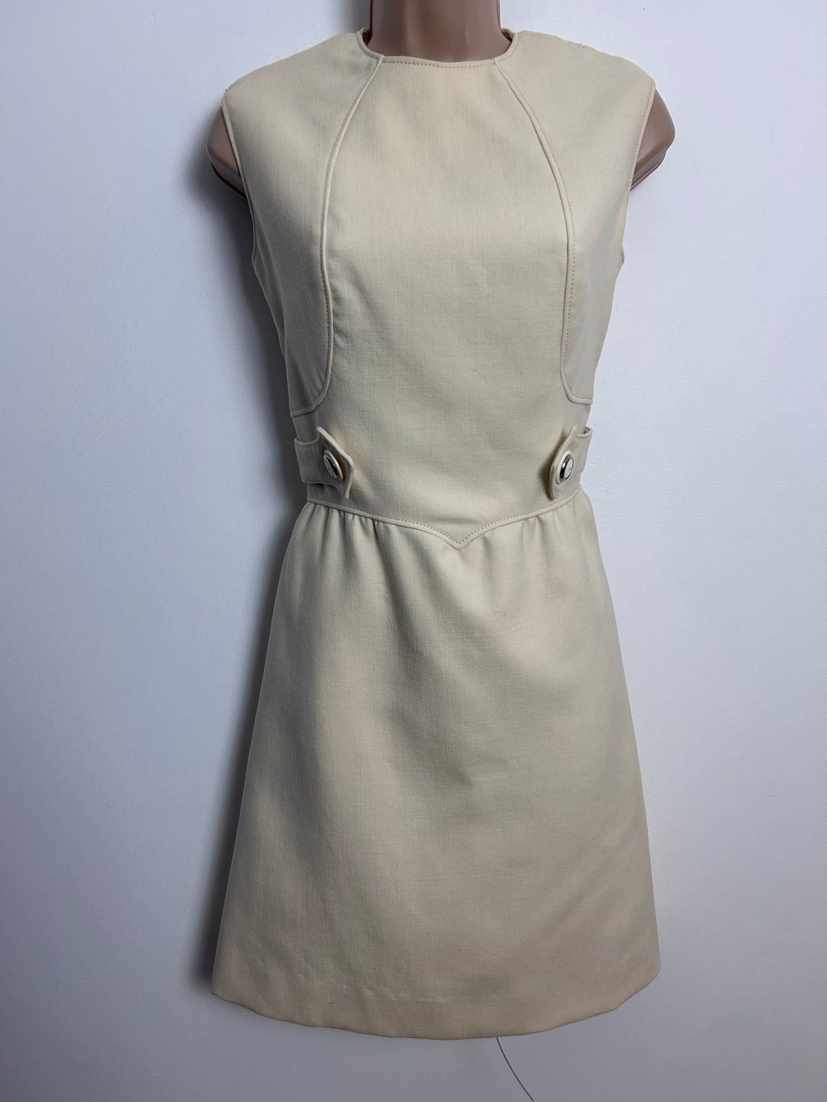 Vintage 1960s UK Size 10 Cream Pure New Wool Tab Detail Mod Dress
