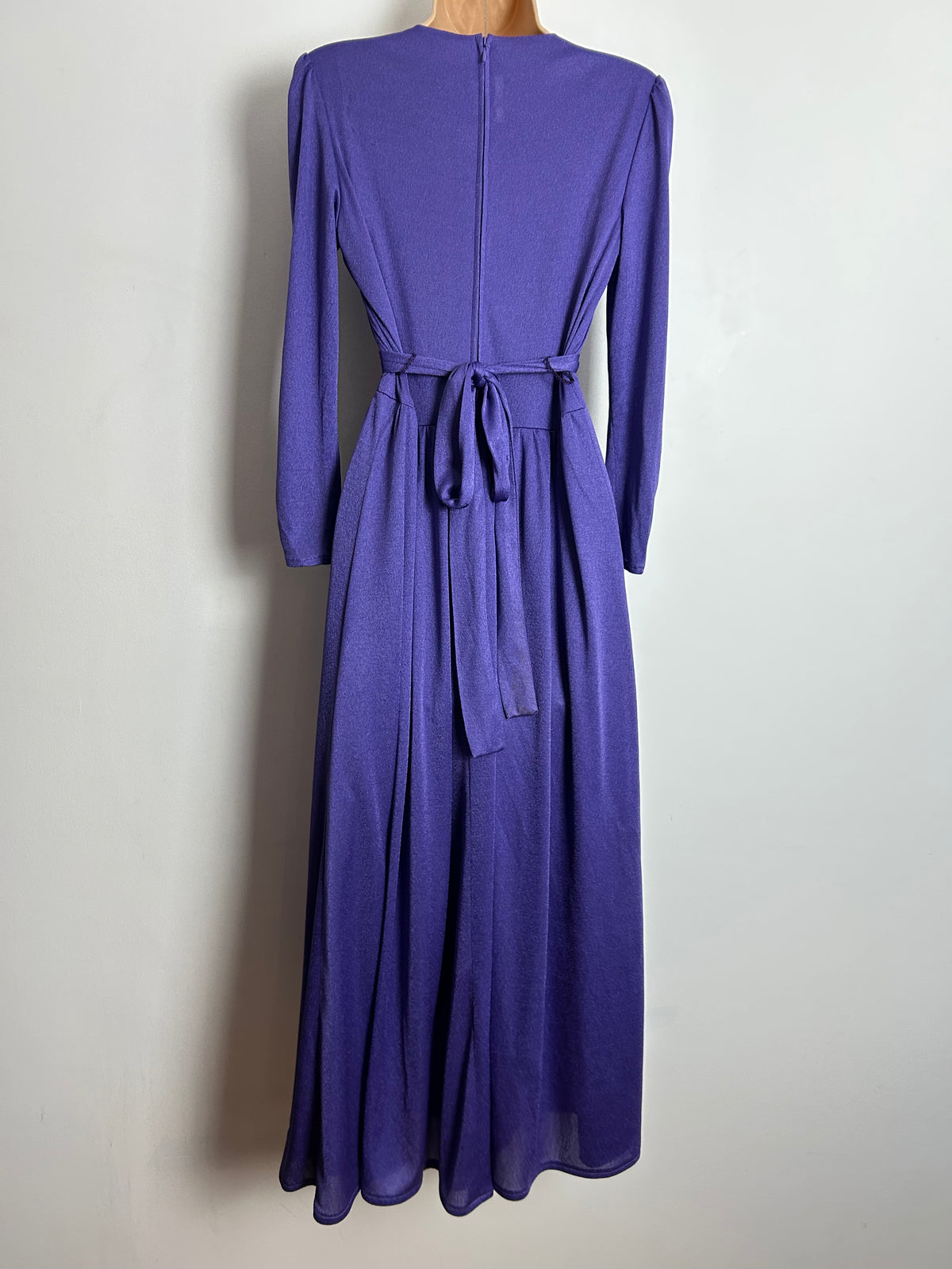Vintage 1970s UK Size 8-10 Purple & Gold Sequin Trim Long Sleeve Tie Back Evening Maxi Dress