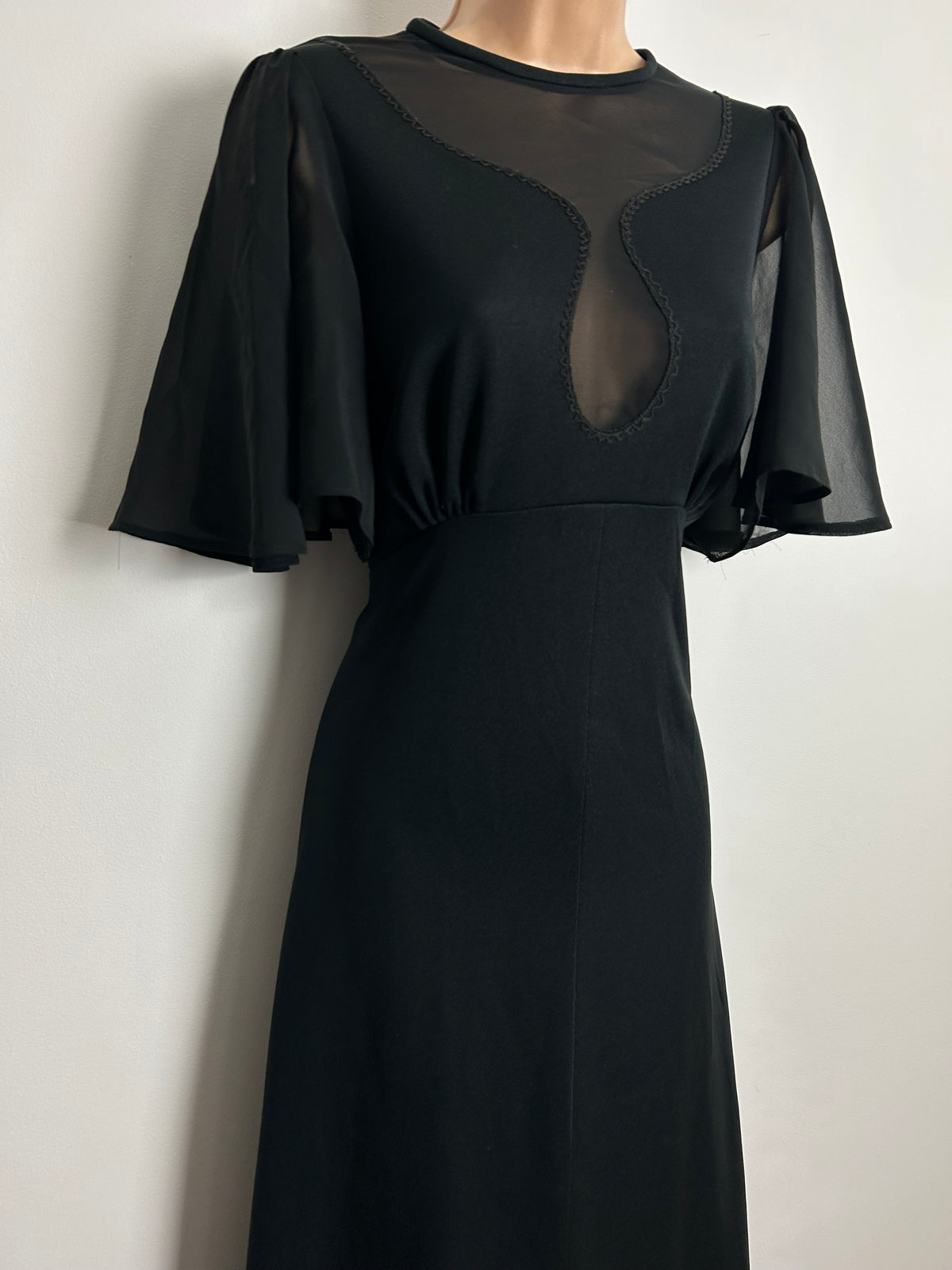 Vintage 1970s Size 12-14 Black Illusion Neck Flutter Sleeve Occasion Evening Maxi Dress