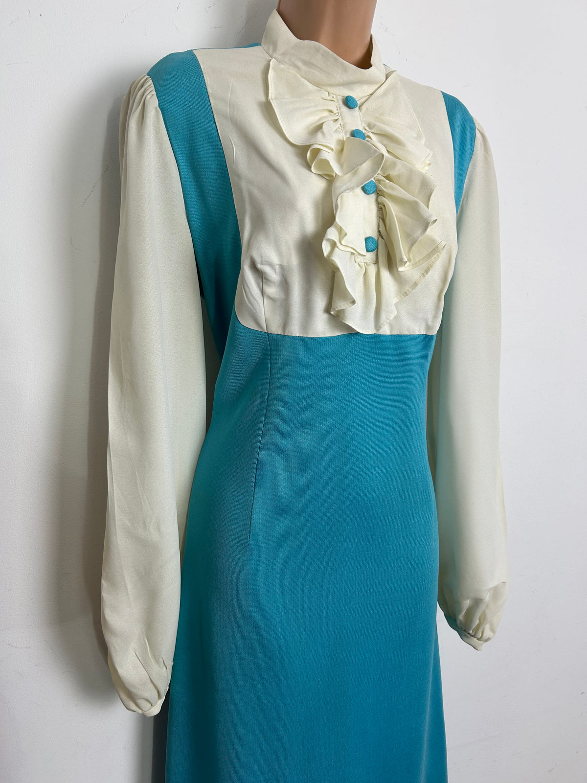 Vintage Late 1960s Size 14 Turquoise & Cream Ruffle Bib Long Sleeve Maxi Dress