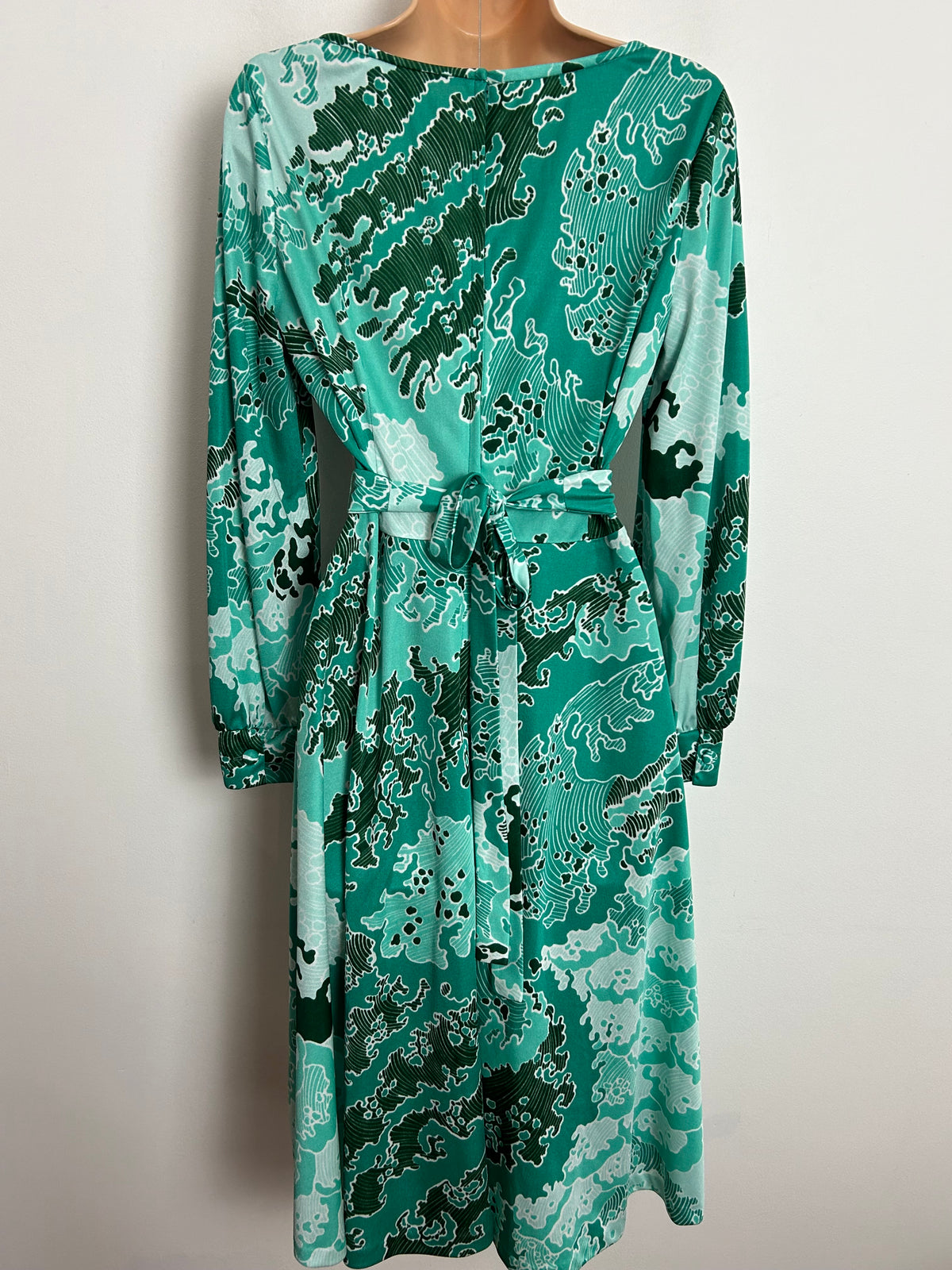 Vintage Late 1970s SIDGREENE OF LONDON UK Size 12 Green Tones Abstract Print Belted Long Sleeve Day Dress
