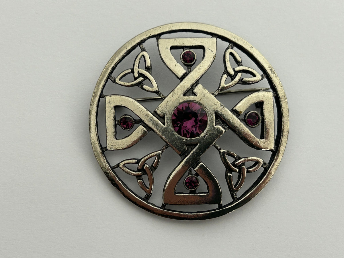 Vintage Celtic Scottish Silver Celtic Knot Stamped Purple Stone Set Round Brooch