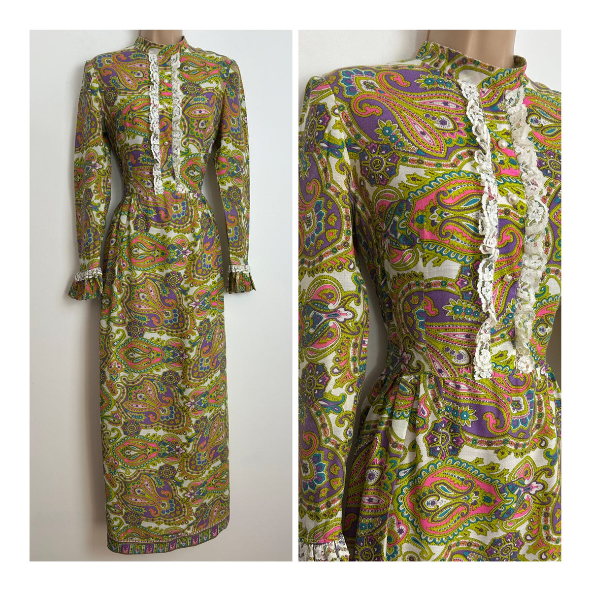 Vintage 1970s Size 6-8 White Green Pink & Purple paisley Print Lace Trim Prairie Maxi Dress