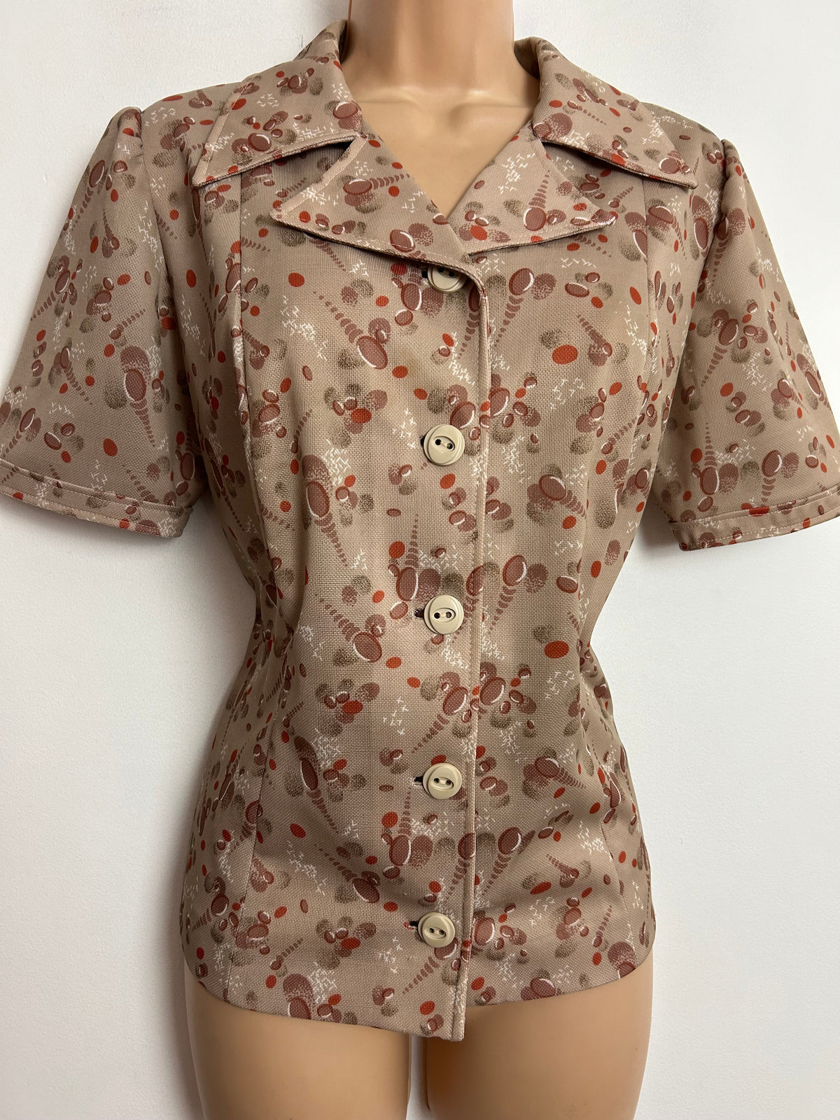 Vintage 1970s UK Size 12 Beige Brown & Red Abstract Print Long Sleeve Polyester Shirt