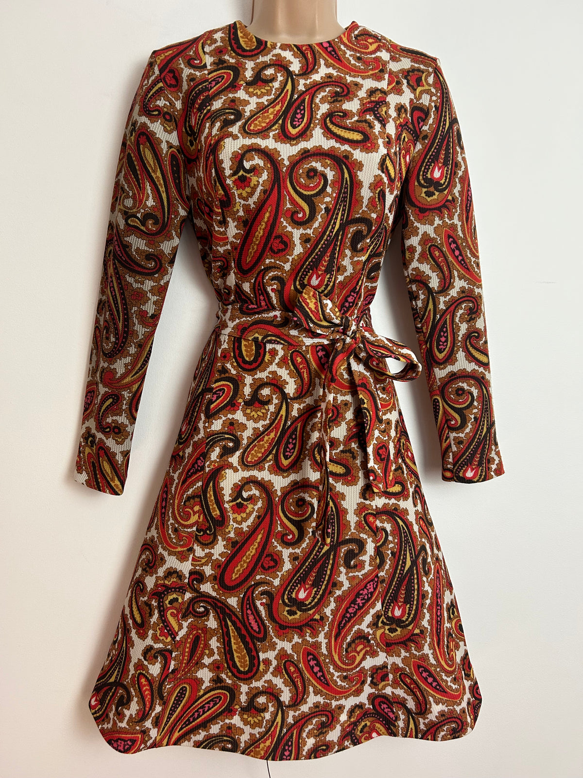 Vintage Late 1960s ST MICHAEL UK Size 10 Brown Red & Mustard Yellow Paisley Print Long Sleeve Belted Mod Dress