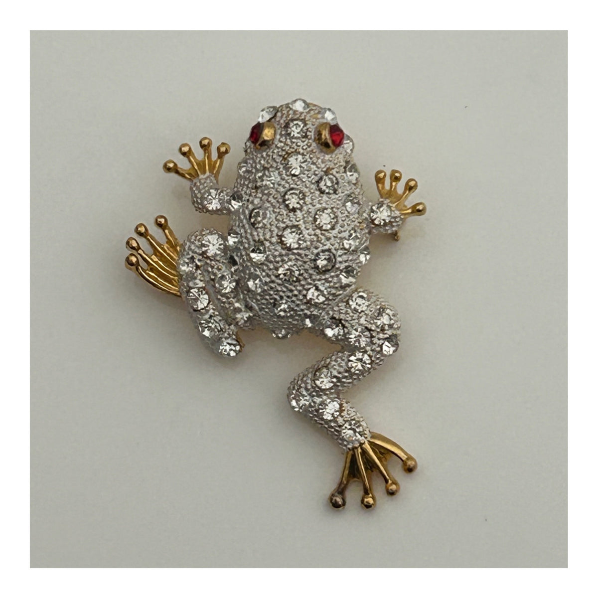 Vintage 1980s Gold Tone & Silver Tone Base Metal Diamante Set Frog Brooch