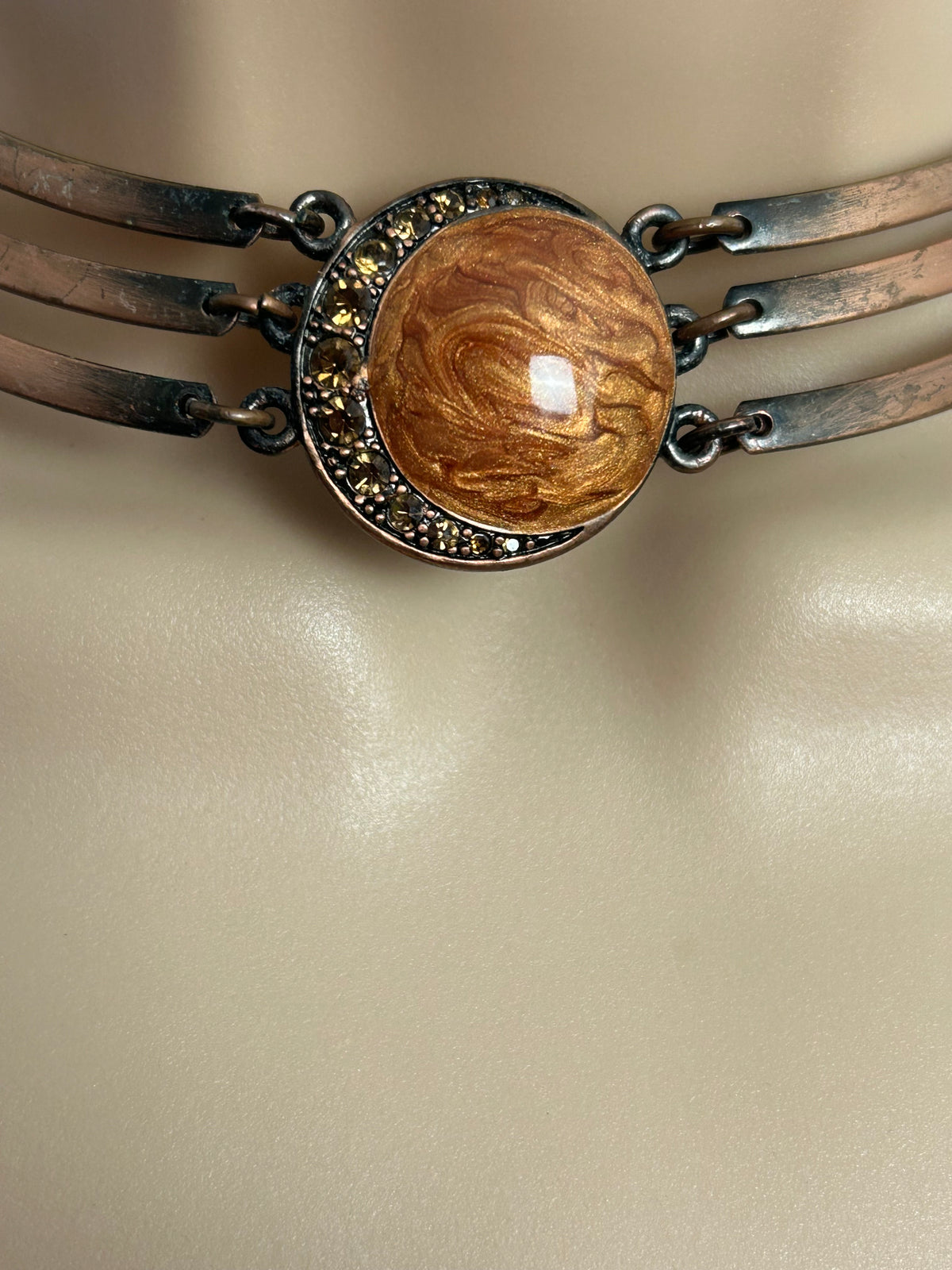 Vintage 90s Bronze Colour Base Metal Enamel & Diamante Set Choker Necklace