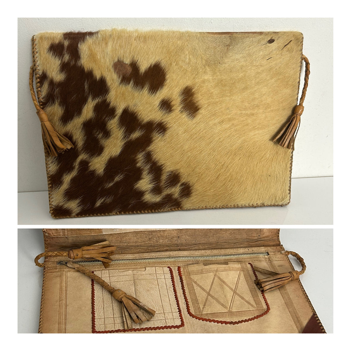 Vintage 1970s Real Leather Cowhide With Hair A4 Portfolio Document Folder
