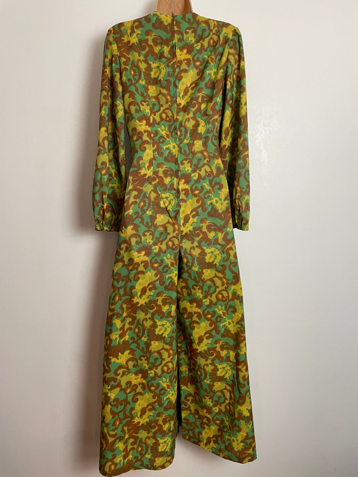 Vintage Late 1960s UK Size 10 Green Brown & Yellow Abstract Print Long Sleeve Wide Leg Keyhole Jumpsuit