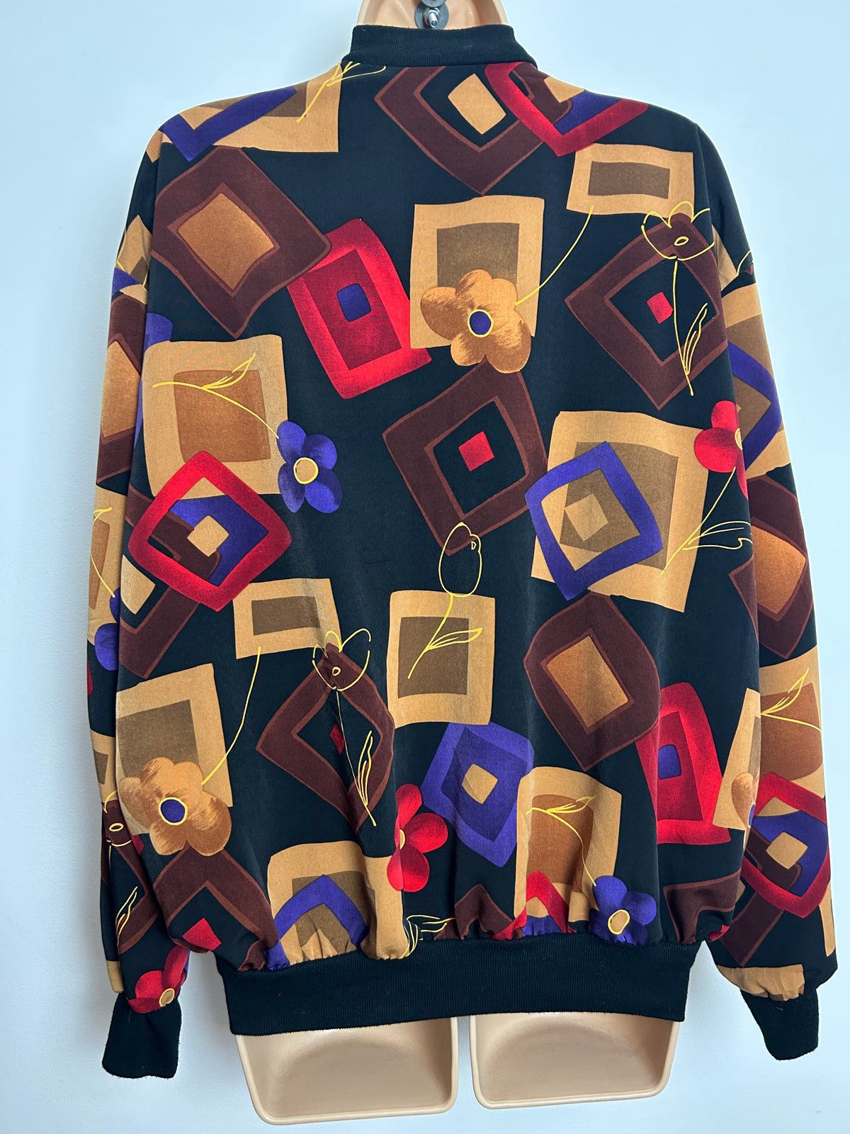 Vintage 1980s Size 12 Black Brown Red Purple Abstract Geo Print Bomber Jacket
