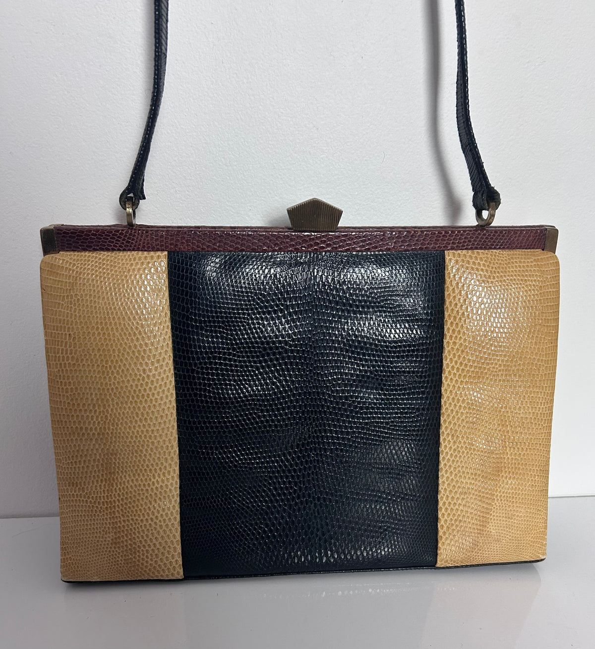 Vintage 1960s Black Beige & Brown Mock Reptile Leather Kelly Style Shoulder Handbag