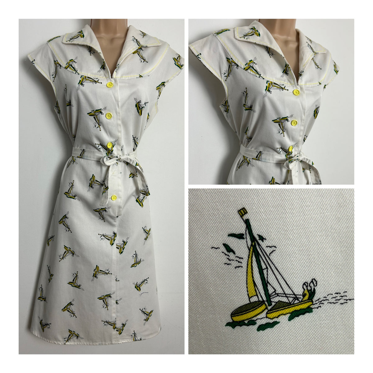 Vintage 1970s PENELOPE PEEP Size 12 Cream Novelty Print Sailing Boat Yacht Print Cotton Belted Day Dress