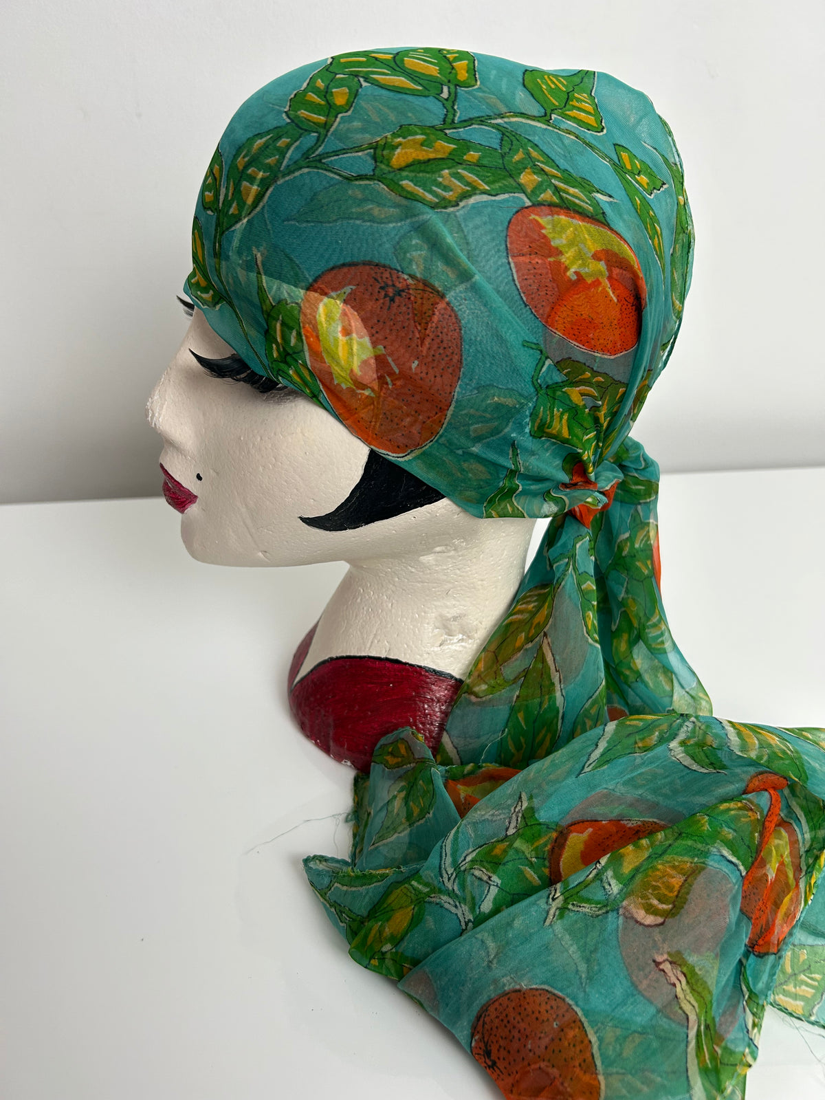 Vintage Turquoise Orange & Green Orange Fruit & Leaf Print Long Chiffon Scarf 103cm x 52cm