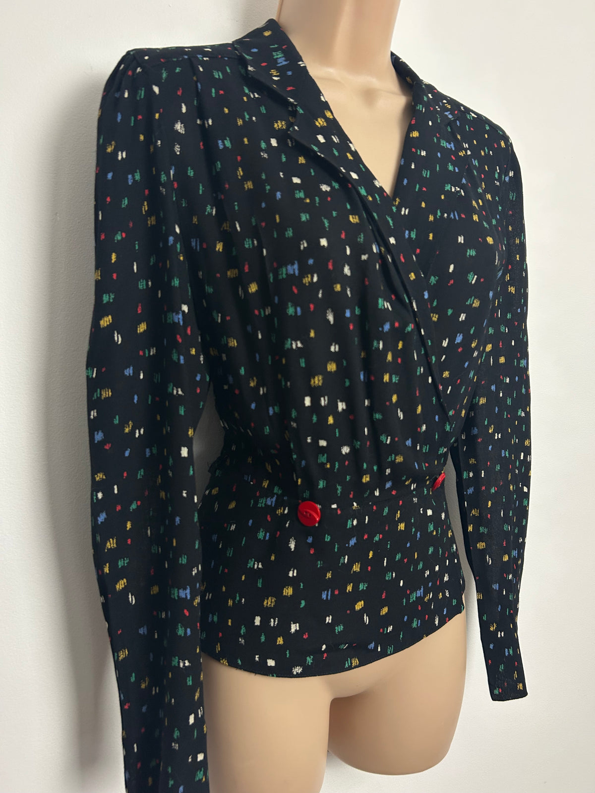 Vintage Late 1970s ELKONT Size 10 Black Multicolour Ditsy Print Long Sleeve Double Breasted Top