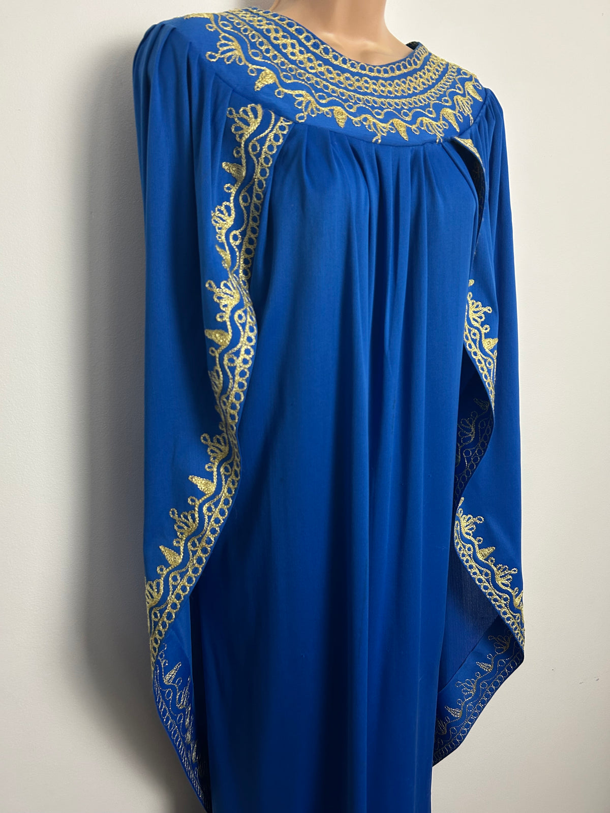 Vintage One Size Up To Size 16 Royal Blue & Gold Embroidered Caped Occasion Kaftan Maxi Dress