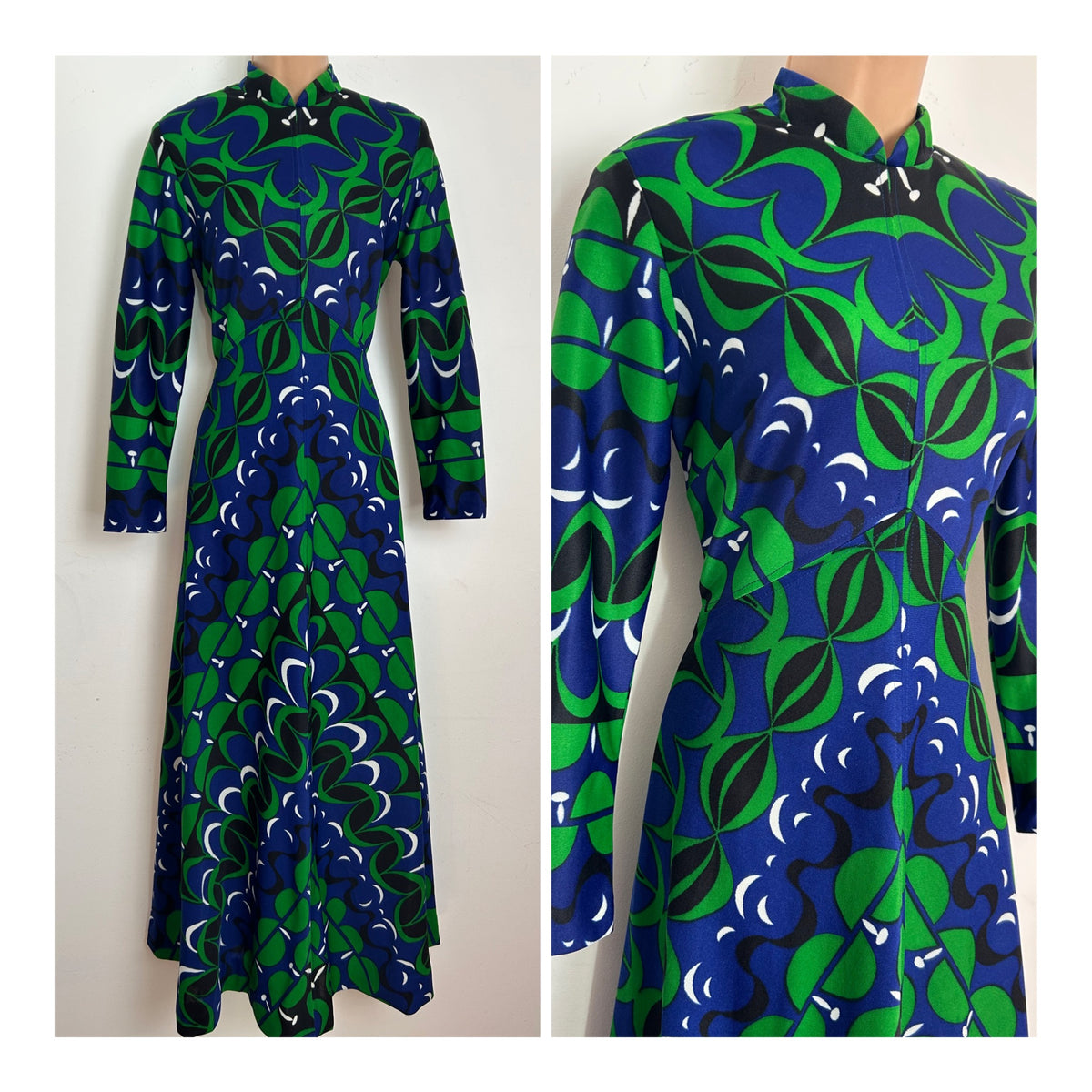 Vintage 1970s Size 10 Navy Blue Green & Black Abstract Print Long Sleeve Maxi Dress