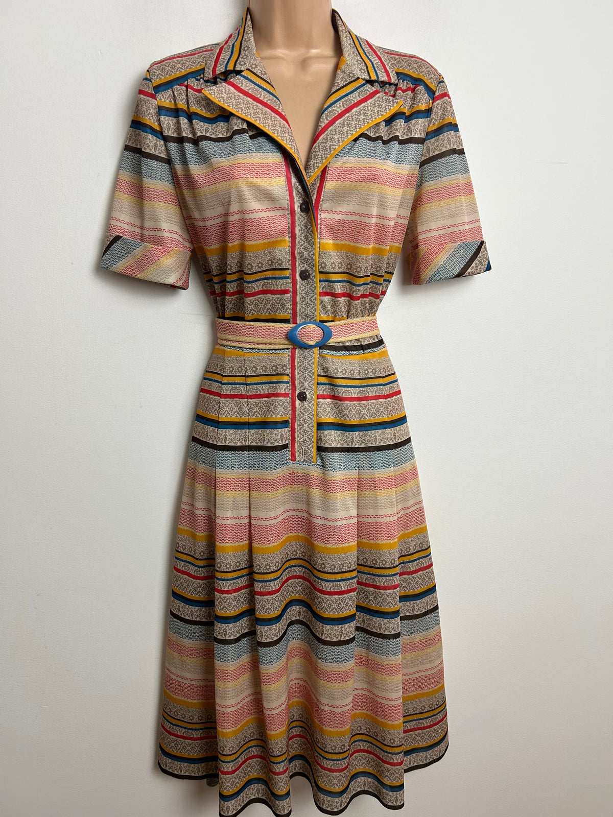 Vintage 1970s Approx Size 10 Beige Red Blue & Mustard Stripe Print Belted Pleated Day Dress