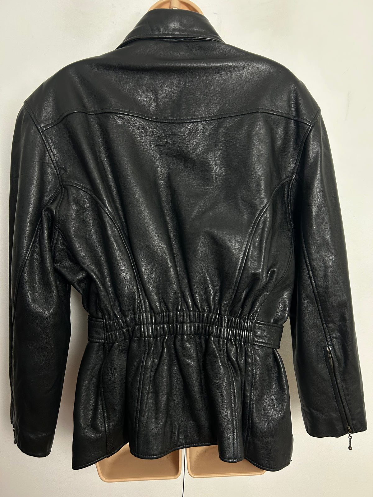 Vintage 1980s J.I.F (Just In Fashion) UK Size 14-16 Black Leather Zip Fronted Pocket Detail Belted Biker Style Jacket