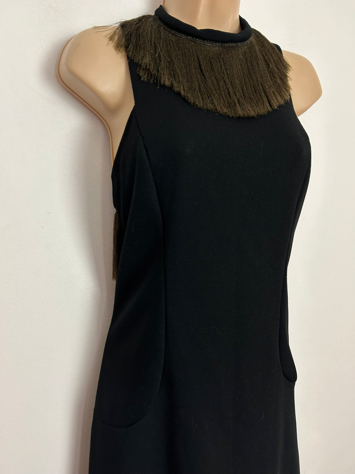 Vintage 1970s UK Size 8 Black Sleeveless Fringe Tassel Trim Evening Occasion Maxi Dress