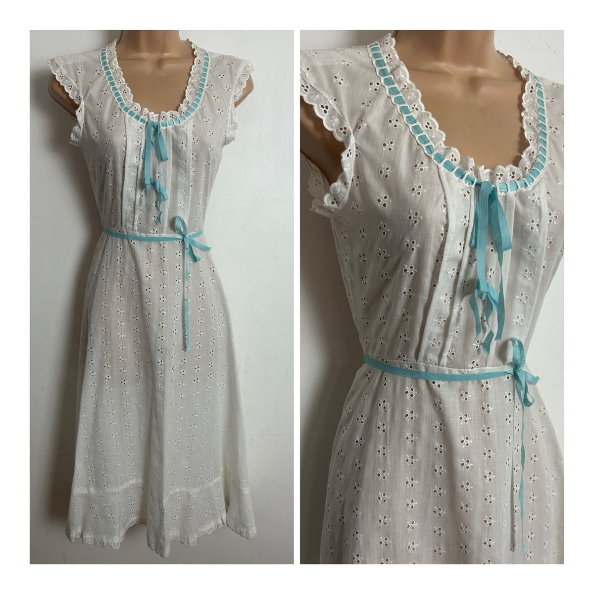 Vintage 1970s VERNA SPENCE Size 6 White Cotton Mix Broderie Anglais Nightie Nightdress