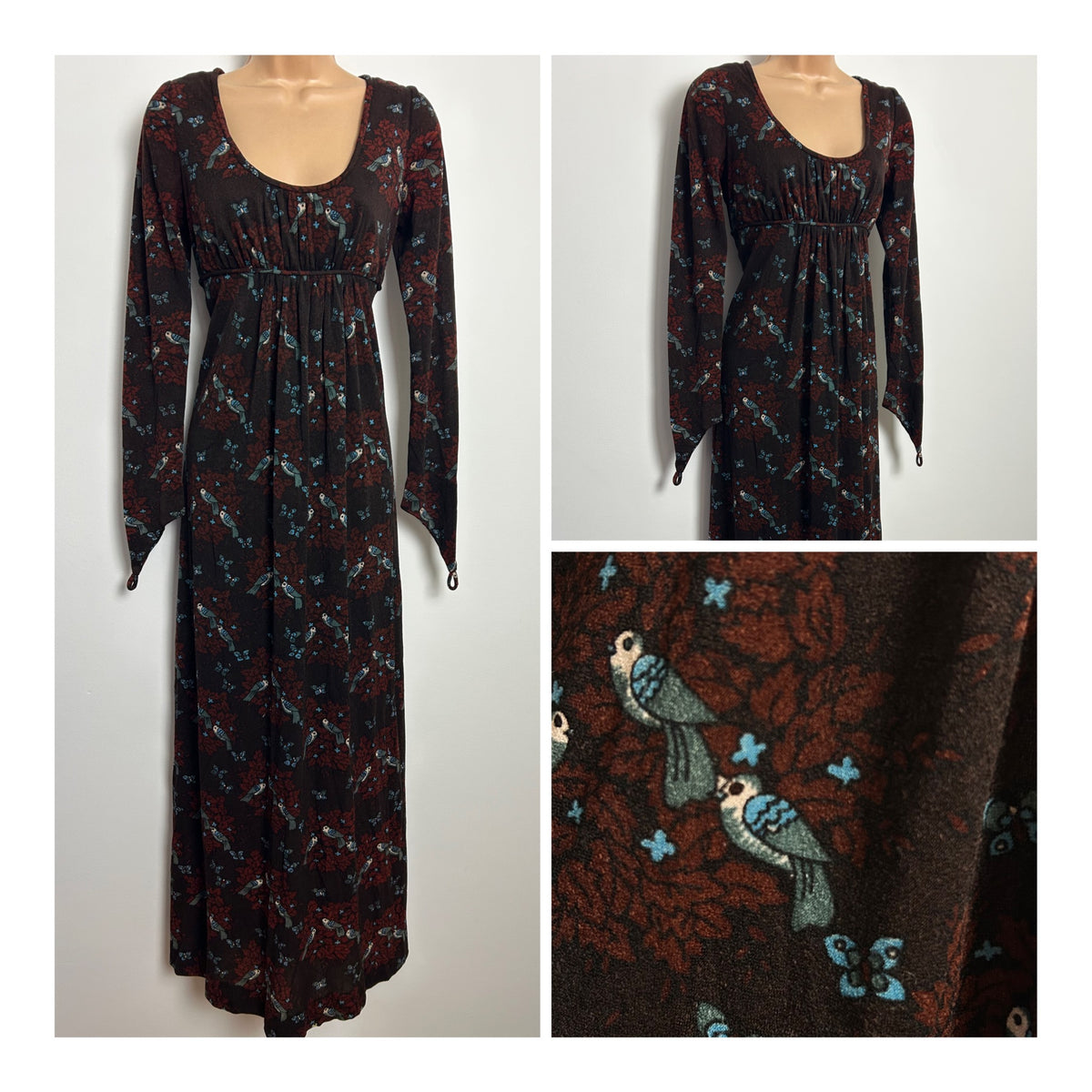 Vintage 1970s ST ANDRE Size 10 Brown Tones Bird & Butterfly Novelty Print Long Sleeve Maxi Dress With Finger Loops