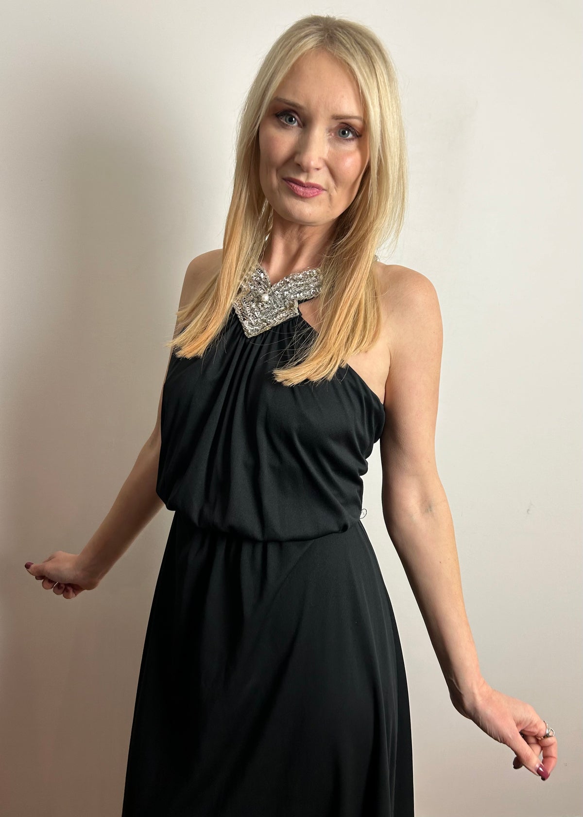 Vintage 1970s UK Size 10 Black Silver Sequin Halterneck Cage Back Evening Maxi Dress