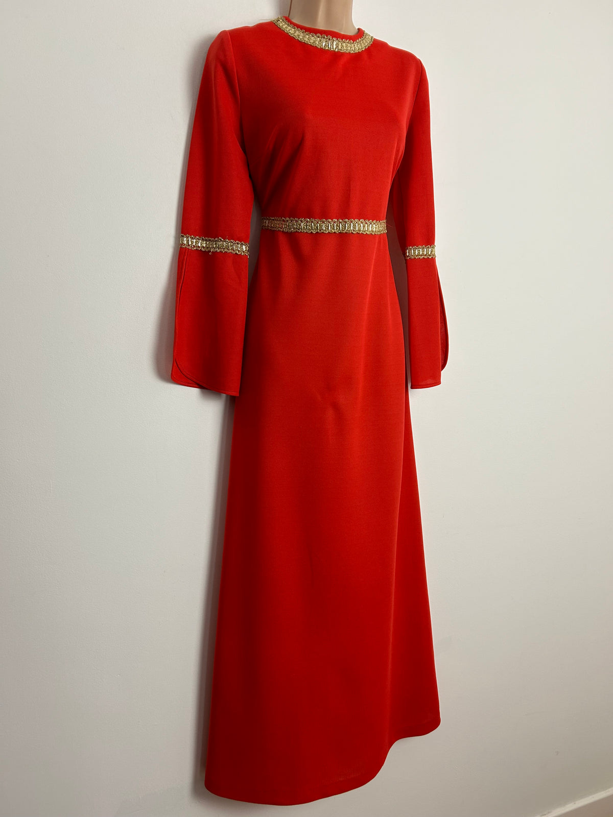 Vintage 1970s UK Size 12 Red Crimplene Gold Braid Trim Flared Cuff Occasion Maxi Dress