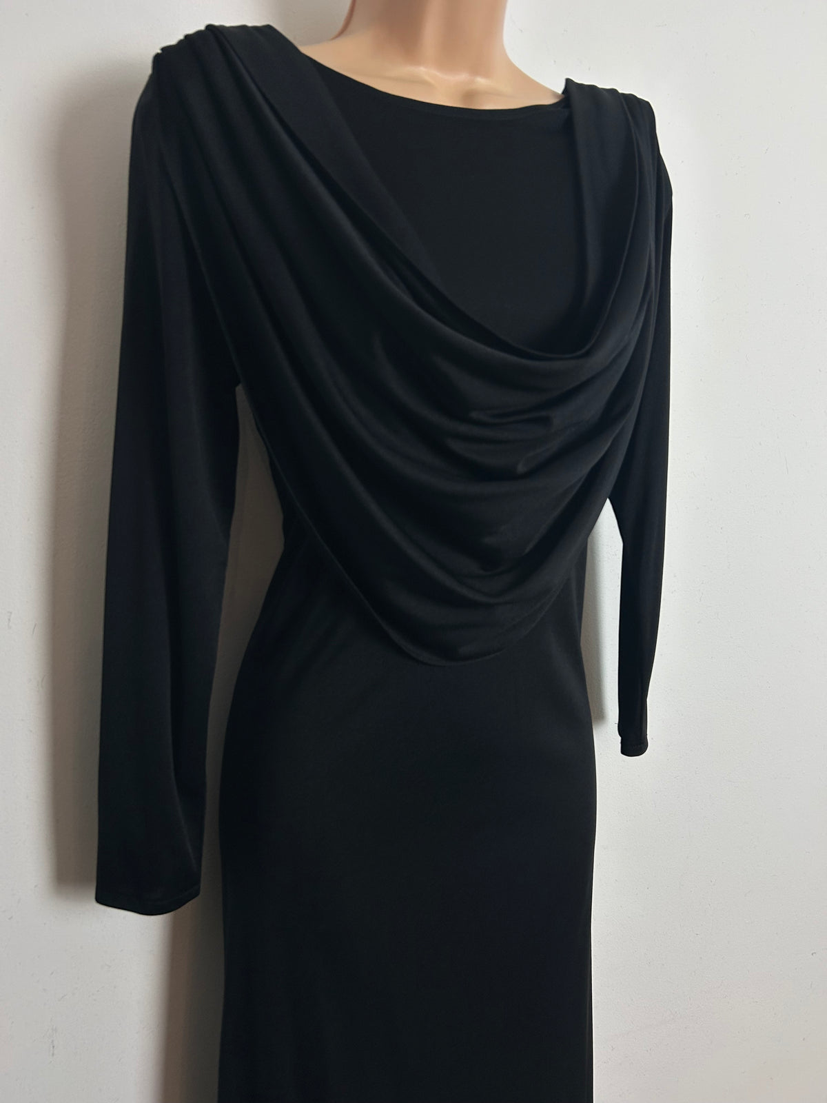Vintage Late 1970s Early 1980s LAURA PHILLIPS Size 10-12 Black Drape Neck Long Sleeve Midi Occasion Dress