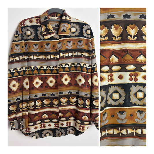 Vintage Early 1980s UK Size 14-16 Brown & Beige Tones Abstract Floral & Stripe Print Long Sleeve Shirt