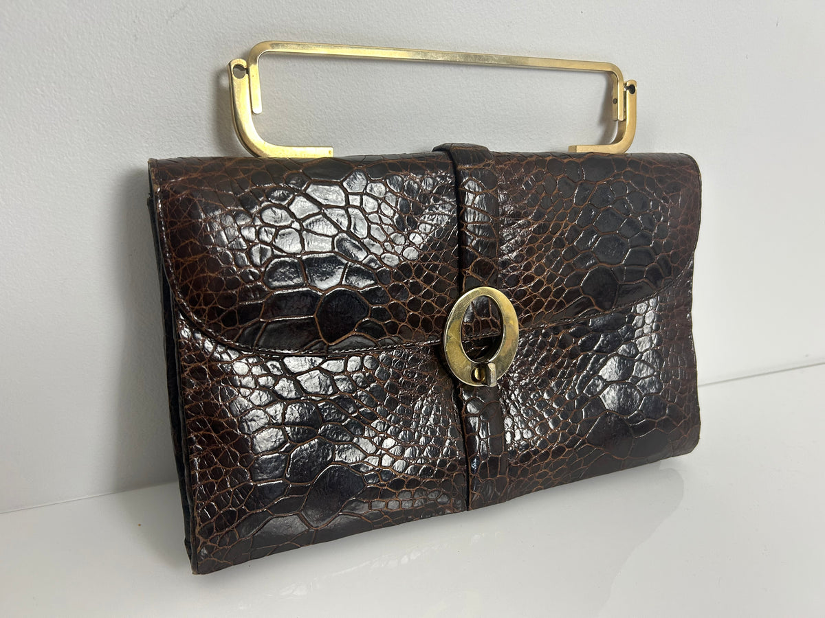 Vintage 1960s Gorgeous Mexican OTTO BULER G Brown Turtle Skin Gold Handle Handbag