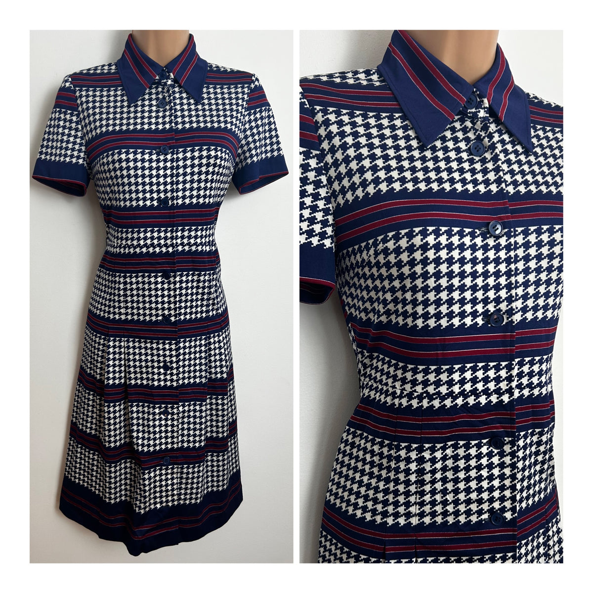 Vintage 1970s Size 8 Navy Blue White & Dark Red Dogstooth Check & Stripe Print Day Dress