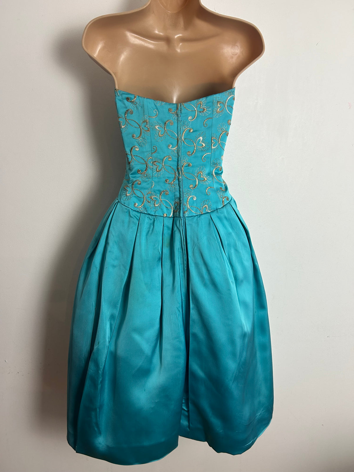 Vintage Early 1960s BERNARD FRERES Size 10 Turquoise Satin Embroidered Bodice Party Prom Occasion Dress