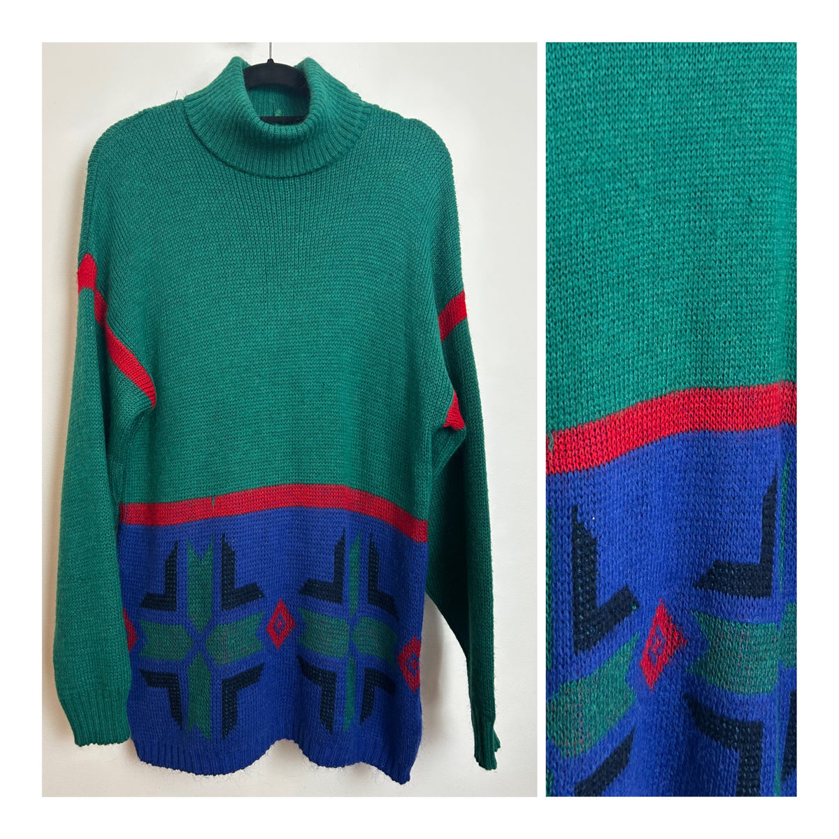 Vintage 1980s GENTI Up To Size 12/14 Slouchy Green Red & Blue Abstract Pattern Turtle Neck Long Jumper