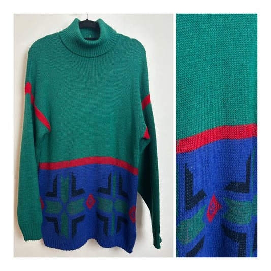 Vintage 1980s GENTI Up To Size 12/14 Slouchy Green Red & Blue Abstract Pattern Turtle Neck Long Jumper