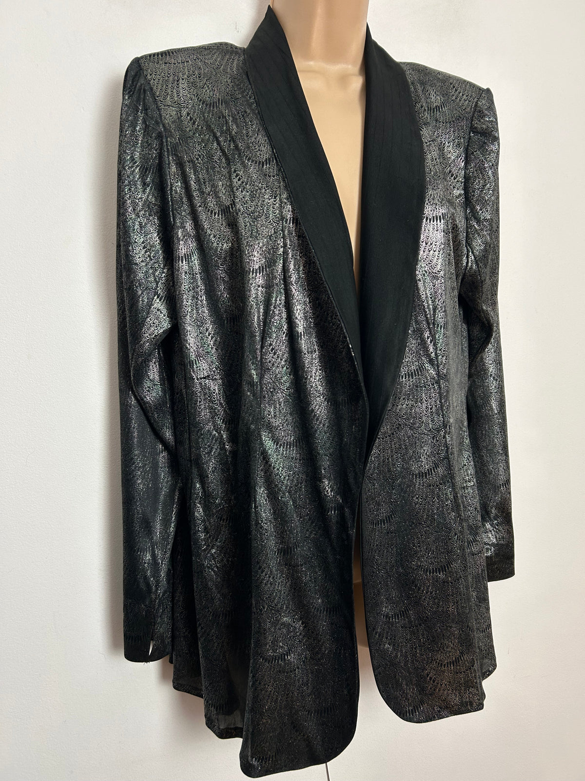 Vintage 1980s Up To Size 16 Black & Dark Silver Lurex Blazer Style Open Fronted Jacket/Cover Up