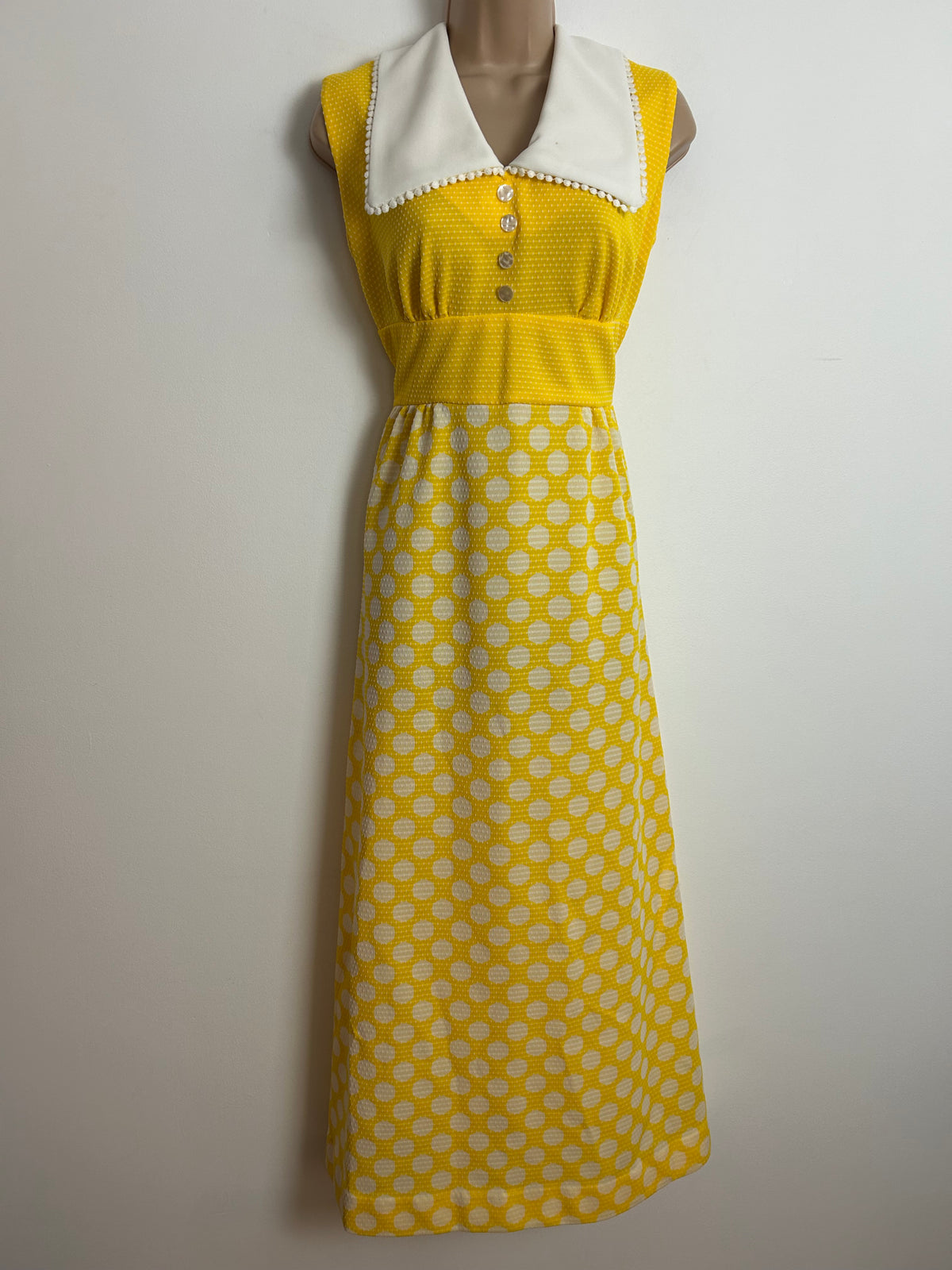 Vintage 197s UK Size 8-10 Canary Yellow & White Polka Dot Spotty Wide Collared Maxi Dress