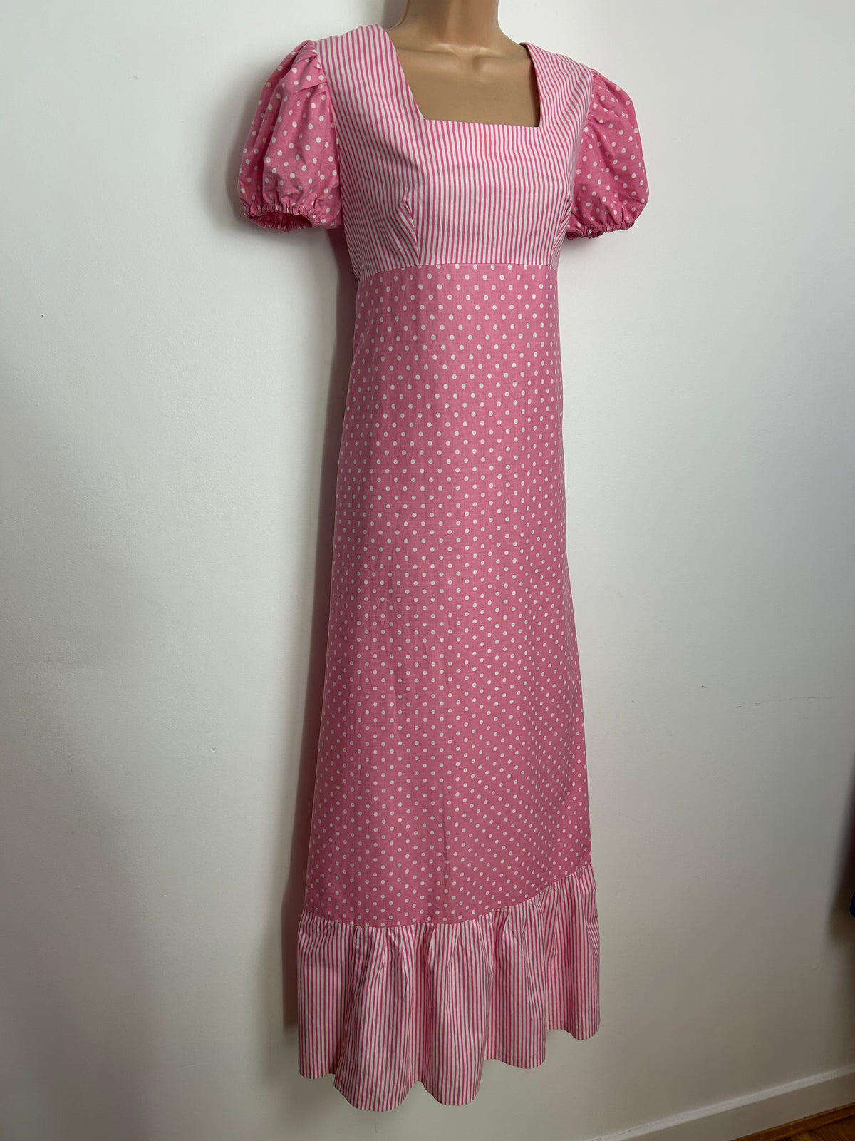 Vintage 1970s Size 10 Pink & White Polka Dot & Stripe Print Cotton Prairie Maxi Dress