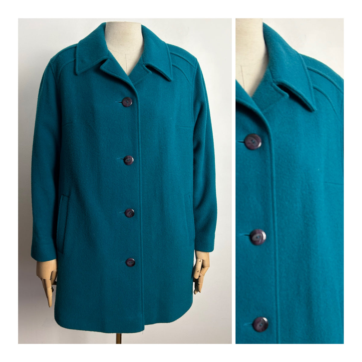Vintage EASTEX UK Size 16 Peacock Blue Pure New Wool Lined Coat