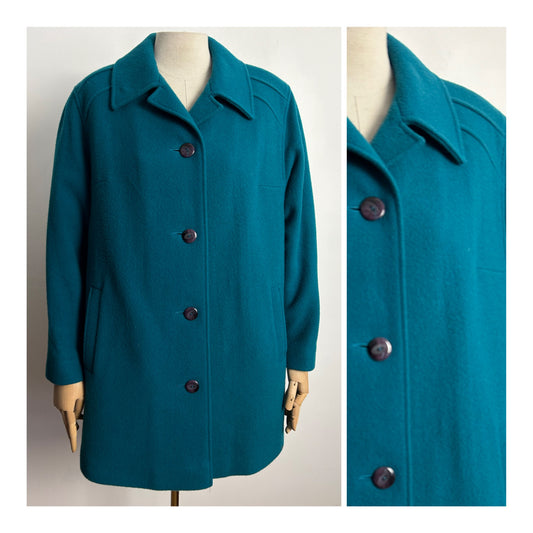 Vintage EASTEX UK Size 16 Peacock Blue Pure New Wool Lined Coat